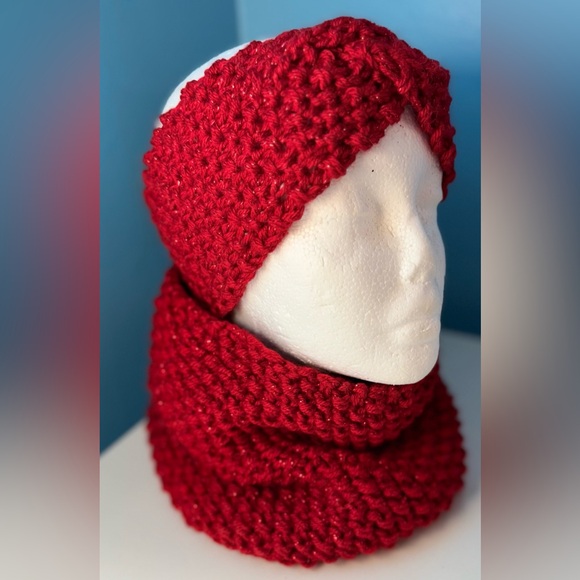 Hand Crafted Accessories - Handmade Hand Crafted Knit Seed Stitch Twist Headband cowl set Sparkly Red